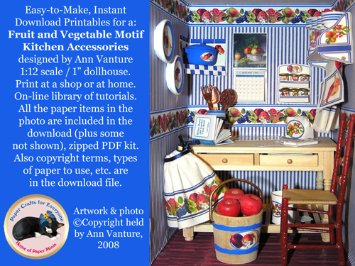 Blue Fruit and Red Vegetable Motif dollhouse wallpaper