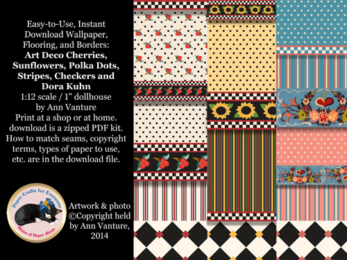 Cherries, sunflowers, Dora Kuhn and checkers wallpaper 1:12 dollhouse