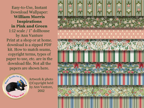 William Morris daisies, pink and green collection of wallpaper 1:12