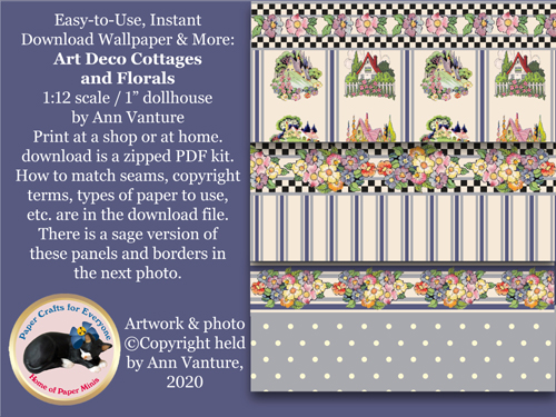 Art Deco Cottages & Floral wallpaper 1:12 scale