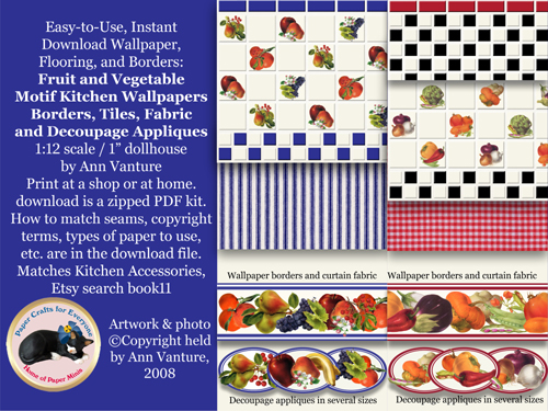Blue and Red Fruit and Vegetable themed dollhouse wallpaper
