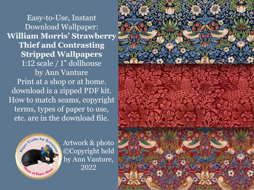 William Morris Strawberry-thief wallpaper for 1:12